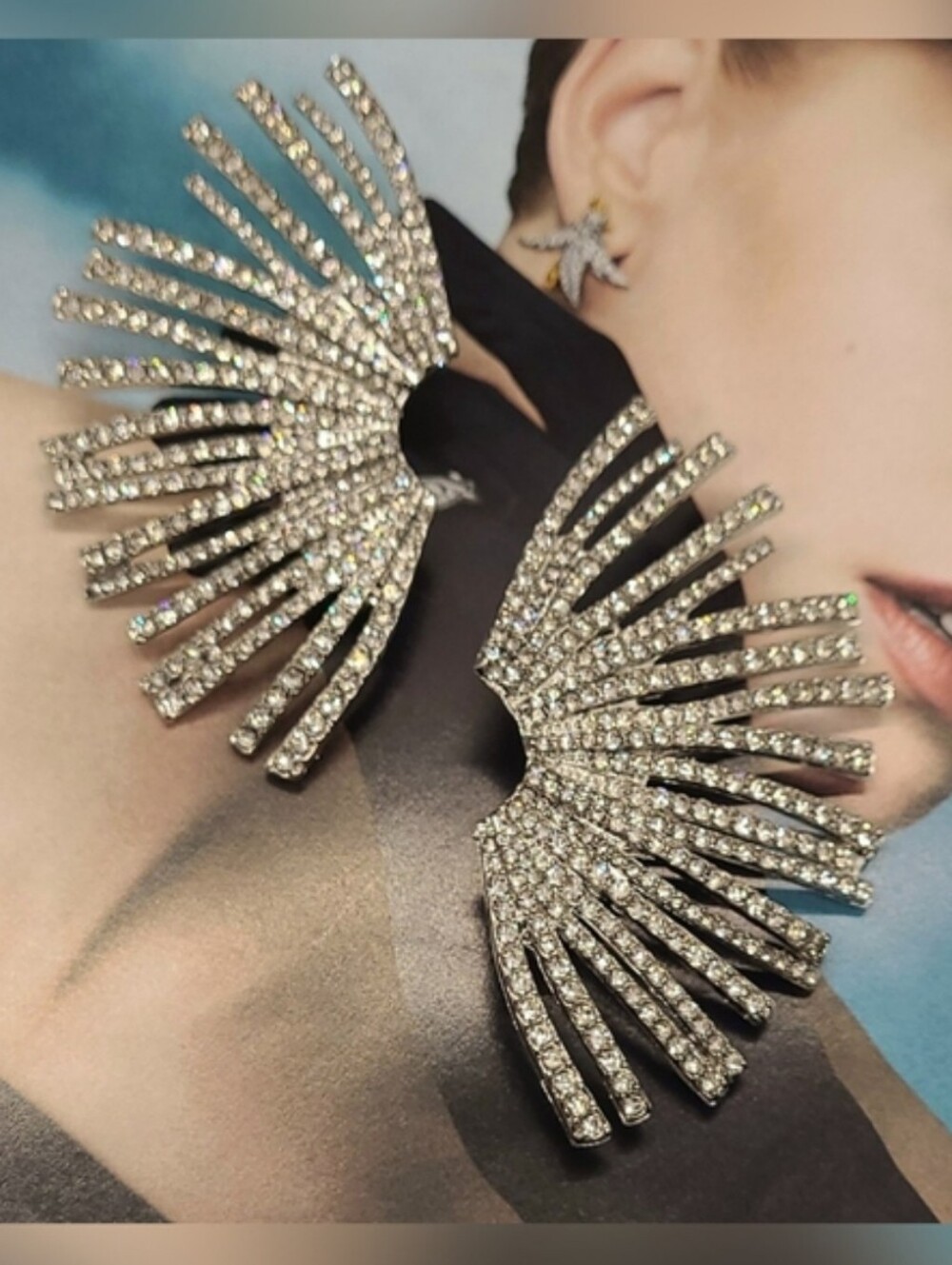 Vintage Large 80s 90s Crystal Encrusted Starburst Fan Silver Statement Earrings